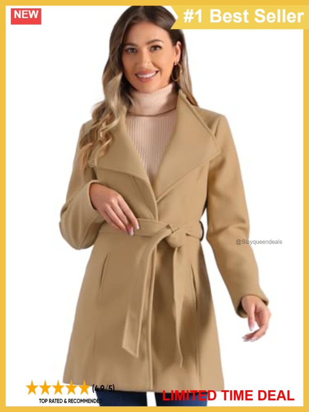 Wool Blend Pea Coat Long Belted Stand Collar Winter Overcoat